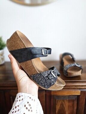 Y2K Bella Moda Shoes Glitter Double Strap Cork Slide Sandals EU 40 Black Sparkle